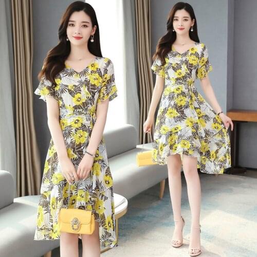 2021 Summer High Quality Print Chiffon Beach Midi Dresses Vintage Plus Size V-Neck Sundress Women Elegant Bodycon Party Vestidos