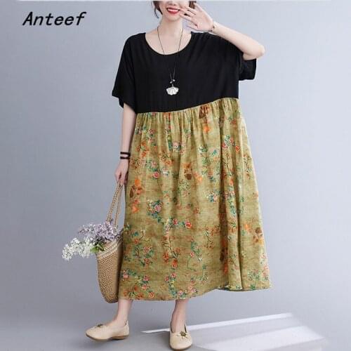 Short sleeve cotton vintage floral dresses for women casual loose long woman summer dress elegant clothes 2021