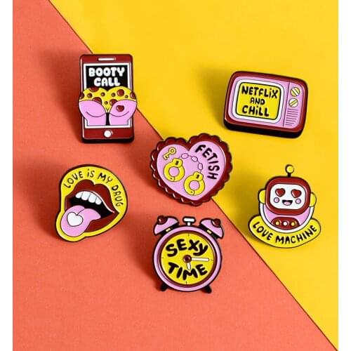 NETFLIX AND CHILL Enamel Pins Brooch Sexy Time Fetish Booth Call Love Is My Orug Love Phone Clock Lapel Pin Badges Jewelry Gifts
