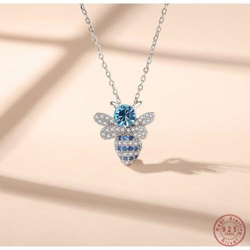 925 Sterling Silver Delicate Pavé Blue Crystal Bee Pendant Clavicle Chain Necklace Women Fashion Party Wedding Jewelry Gift