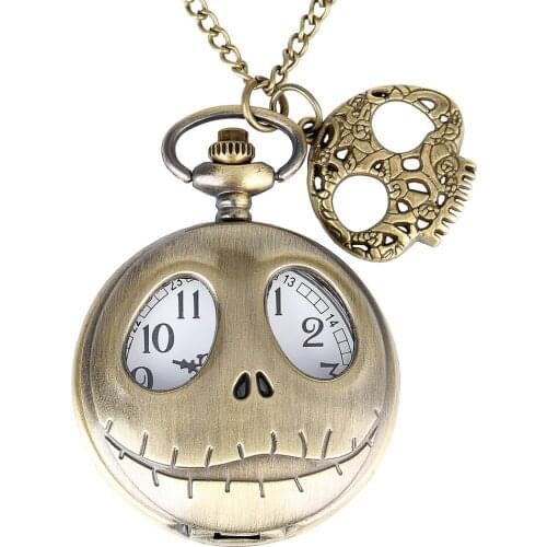 Antique Bronze Skull Gothic Ghost Hollow Pendant Theme Quartz Pocket Watch Necklace Clock Retro Watch Gifts with Skull Accessory