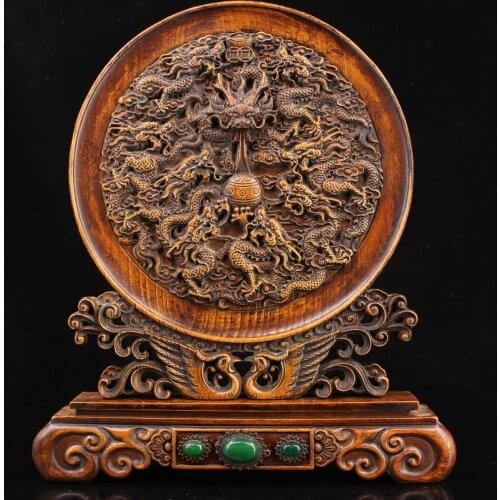 Asian antique crafts, Old Boxwood hand-carved inlaid Green Jade Screen Sculpture,Home decoration Chinese Big 9 Dragon Statue