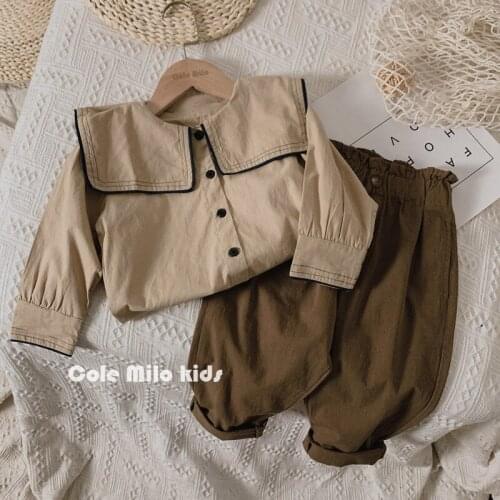 2021 Spring New Girls Navy Collar Blouse Long Sleeve Shirt turn-down Kids Tops Cotton Childrens Single-breasted Shirts+Pants