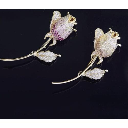 OKILY Luxury Flower Corsage for Women Jewelry Accessories Micro Pave Zircon Fashion Red Rose Brooches Pin New Year Best Gift