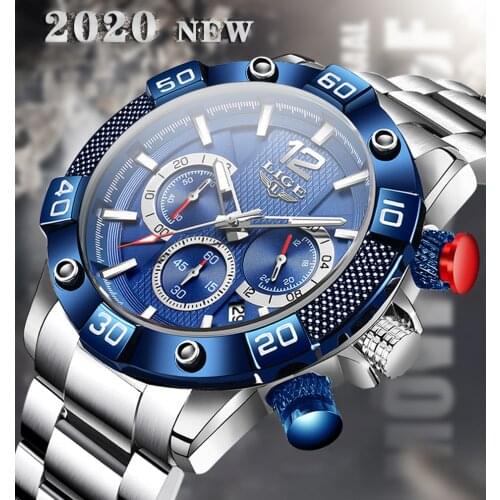 LIGE 10030 Fashion Blue Quartz Mens Waterproof Chronograph Stainless Steel Casual Luxury Business Clock Wristwatches Male