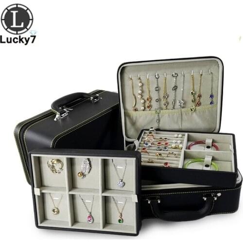 PU 3 Layers Jewelry Organizer Case Large Capacity Black Makeup Box With Zipper Earring Necklace Ring Travel Jewelry Hand Case