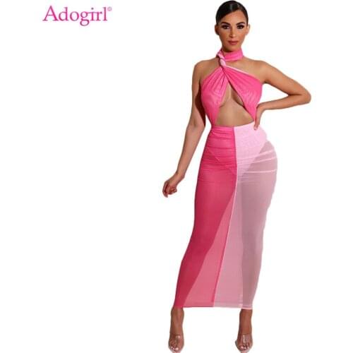 Adogirl Color Patchwork Sheer Mesh Maxi Dress with Underwear Halter Hollow Out Sexy Backless Night Club Party Dresses