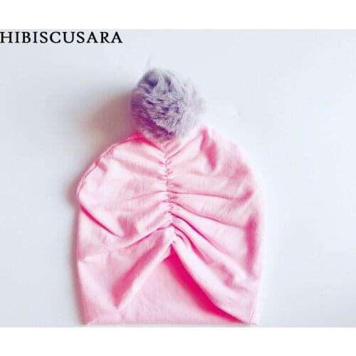 Cotton Baby Turban Hat Caps Pom Pom Soft Beanie Bonnet Rouched Toddler Kids Autumn Winter Hats
