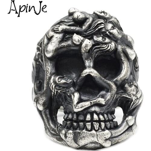 Apinje S925 Sterling Silver Women Skull Jewelry Ring for Men Retro Punk Rock Mens Gothic Exaggerated Rings