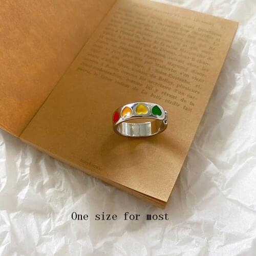 Vintage Bohemia Colorful Enamel Love Heart Ring Cute Simple Metal Gold Silver Color Rings for Women Punk Rock Jewelry