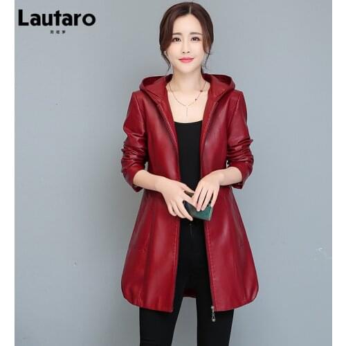 Lautaro Autumn Black Wine Red Waterproof Faux Leather Jackets for Women with Hood Zipper Designer Elegant Luxury Coats Slim Fit