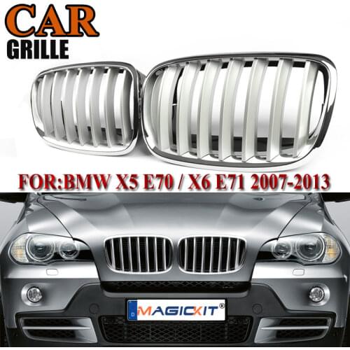 MagicKit 2PCS Silver Gloss Double Slat Kidney Grille Front Bumper Grill For BMW E70 E71 X5 X6 SUV 2007-2013