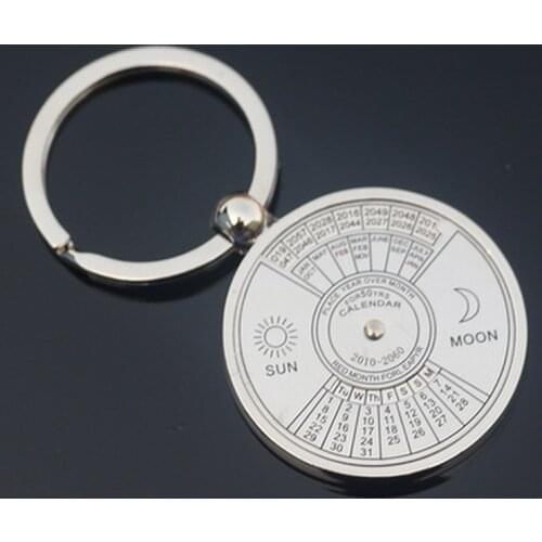 Mini Perpetual Calendar Keychain Unique Metal Keyring Sun Moon Carving 2010 To 2060 Calendar Key Ring Creative Gifts