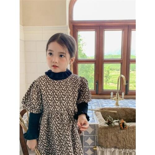 2021 Autumn New Kids Clothes Short Sleeve Dress Floral Girls Outfits Cotton O-Neck One Piece