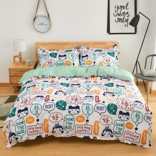 Kawaii Cartoon Girl Boy Green Comforter Bedding Set Cute Luxury Fashion King Queen Twin Size Bed Linen Duvet Cover Set Gifts