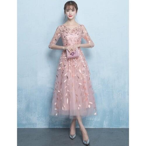 Bridesmaids Dress Pink Party Skirt Round Neck Dress Women Elegant Evening Gown Mid-Length Robe Pour Dame Dhonneur Beaded 2XL