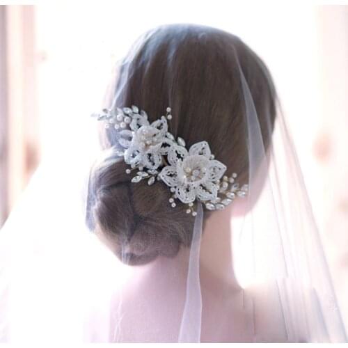 Beaded Floral Bridal Hair Clip Ornament Pearls Wedding Hair Jewelry Piece Handmade Women Headpiece