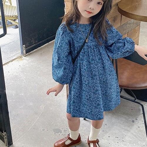 Spring Summer Girls' Dress Korean Style Long Puff Sleeve Floral Cute Round Neck Dress Baby Kids ChildrenS Clothing For Girl