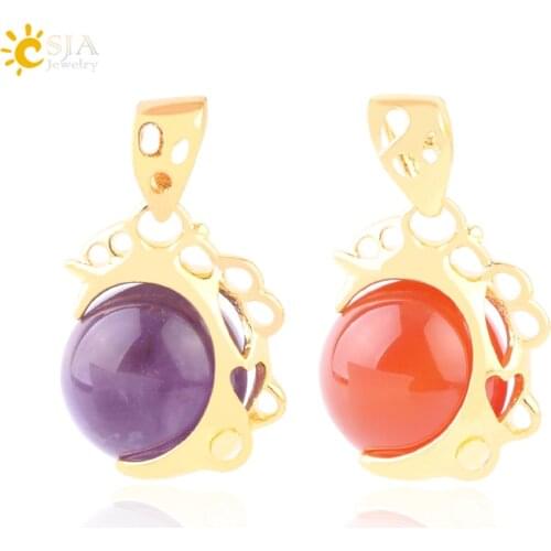 CSJA Natural Quartz Pink Purple Crystal Pendants Lapis Round Ball Stone Gold-color Pendant for Necklace Women Reiki Jewelry F626