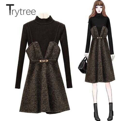 Trytree 2020 AW Women Casual two piece set Solid Knitted Sweater + Sling Dress A-line Zipper Sashes Set Fashion 2 Piece Set