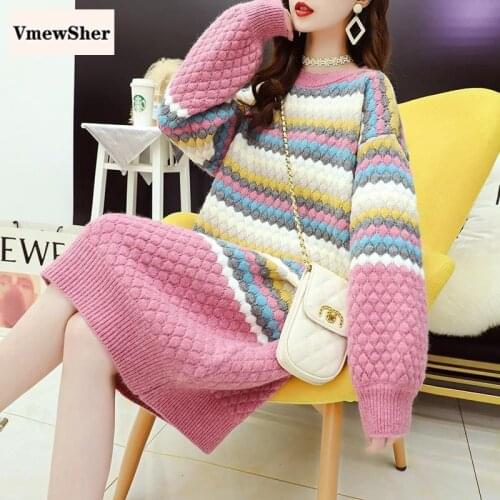 VmewSher New Autumn Winter Women Long Sweater Striped Long Sleeve O Neck Knitted Pullover Multicolor Loose Fashion Jumper Tops