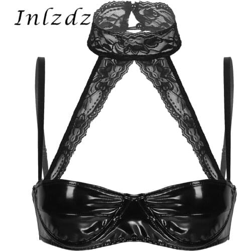 Womens Erotic Lingerie Underwired Bras Lace Halter Neck Patent Leather Bra Tops Adjustable Spaghetti Strap Brassiere Clubwear