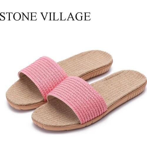 STONE VILLAGE New Solid Color Linen Slippers Women Non-Slip Breathable Fashion Home Sandals And Slippers Summer Size 35-40