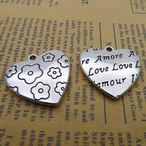 3pieces/lot 25*26mm Flower LOVE Heart-shaped Charms Antique silver color Metal Necklace Pendant Bracelet DIY Hand made accessory