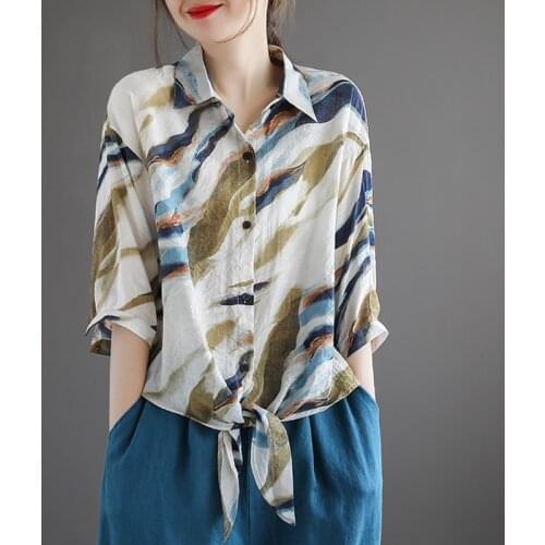 New Woman Cotton Linen Shirts 2021 Summer Vintage Loose Female Half Sleeve Colorful Striped Tops Lapel Blouses Lace-up Hem Blusa