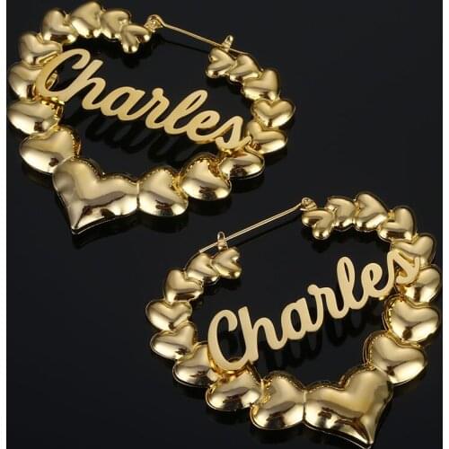 Custom Hip Hop Big Bamboo Earrings for Women Stainless Steel Customized Personalized Name Heart Earrings Charm Statement Jewelry
