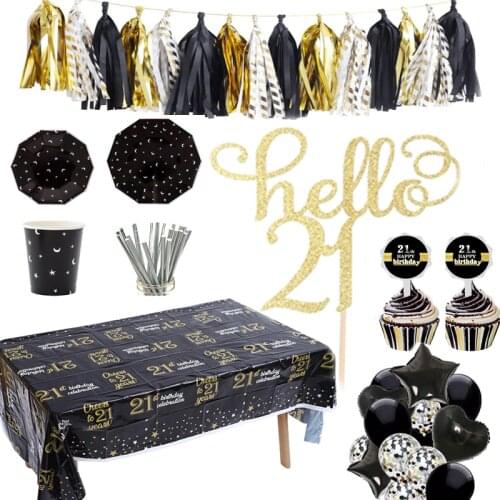 Omilut Black/Gold Party Decorations Hello 21th/30th/40th Birthday Party Supplies Wedding Decor Disposable Tablecloth Plates Cups