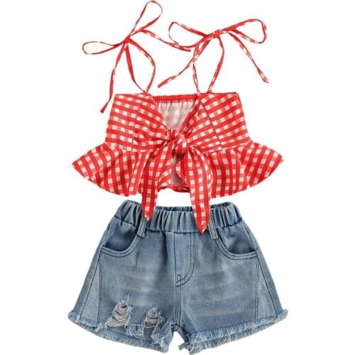 Citgeett Summer Kids Toddler Girls 2Pcs Outfits Sleeveless Plaid Print Ruffle Tops + Ripped Denim Shorts Set Clothes
