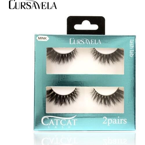 Cursavela Faux Lashes 3D Thick Handmade Eyelash Full Strip Eyelashes False Lashes Natural Volume Soft Real Mink Fake 2 Pair Set