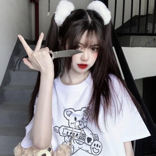 Dark bear T-shirt kawaii female tees Big size Harajuku Japanese Gothic 100% cotton tops Ulzzang fun cartoon punk ins clothing