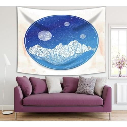 Tapestry Mountains and Night Sky Stars Moon Planets in Circle Shape Surrealistic Artwork Printed Blue White