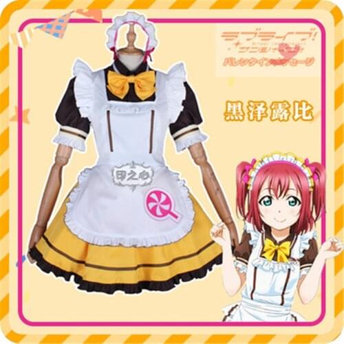 Anime lovelive sunshine Aqours Kurosawa Ruby Cosplay Costume Restaurant cafe dessert stripe maid outfit