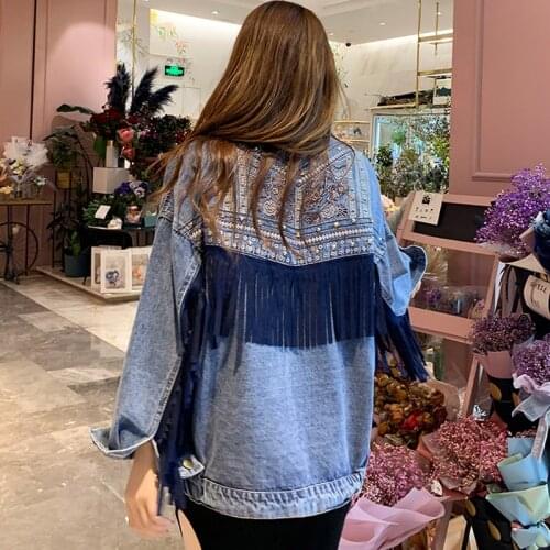 NEW Punk Tassel Embroidery Denim Jacket Women Blue Loose Rivet Pocket Oversize Moto Biker female spring jean jacket