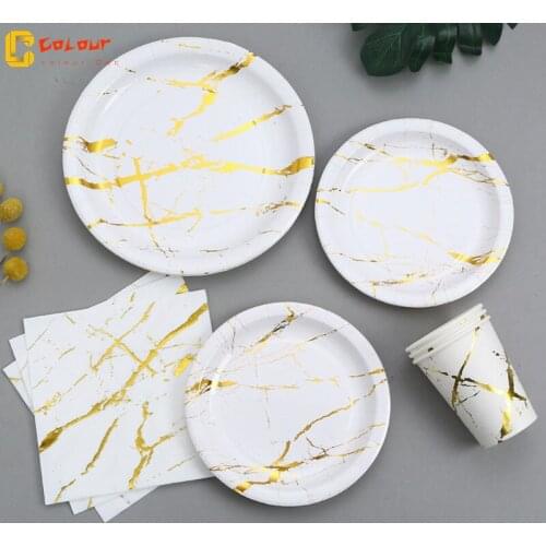 New Gold Marbling Disposable Tableware Set Plate Napkin Adult Happy Birthday Party Decor Kids Wedding Birthday Party Supplies
