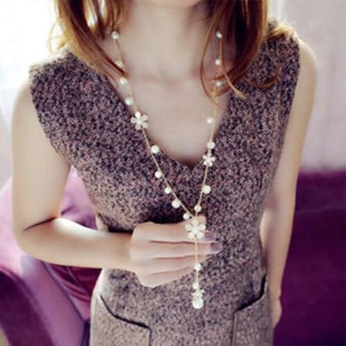 NEW Womens Fashion Korean Style Faux Pearl Flowers Long Winter Sweater Chain Necklace Wholesale Sales