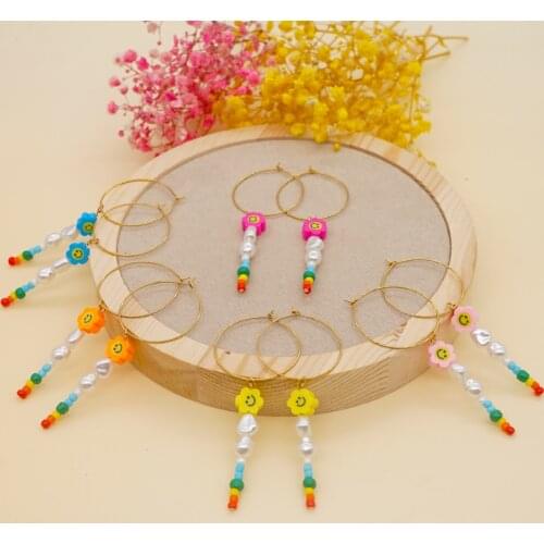 Go2Boho Smiley Face Earrings Summer Beach Pearl Drop Earring For Women Rainbow Beads Jewelry Stainless Steel Dangle Long Earings