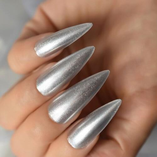 Extra Long Sharp Press On Nails Stiletto Shimmer Silver Polished Fake Nails Set Halloween Nail Manicure Makeup For Women