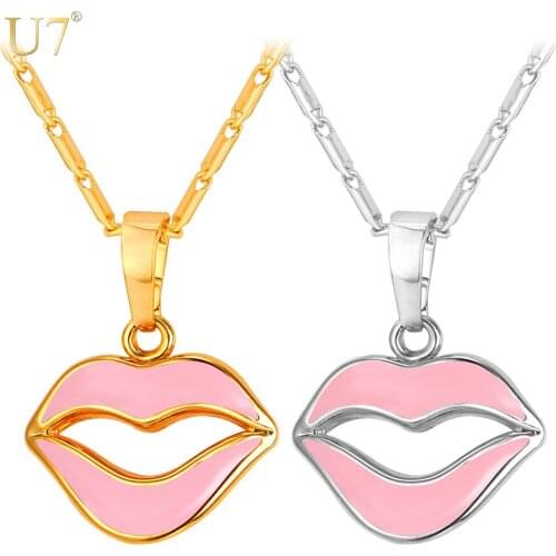 U7 New Pink Lips Charm Pendant Women Jewelry Romantic Gold Color Kiss For Love Necklace For Fashion It-girl P897