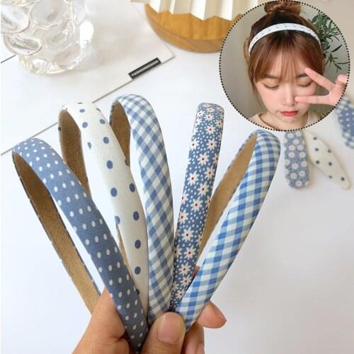 Vintage Korean Plaids Girls Hairbands Blue Sweet Summer Floral Thin Headbands Small Fresh Plaid Floral Hair Accessories New Hot