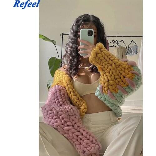 Contrast color Hand Crotch Cardigan Vintage Woman Long Batwing Sleeve Sweater Loose Knitwear Jumper Autumn Winter