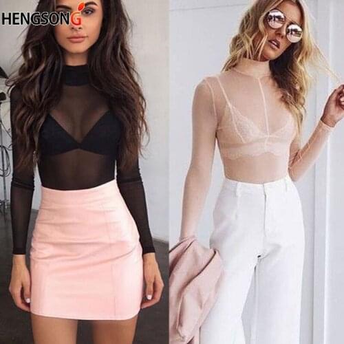 Sexy Women T Shirt See Through Transparent Crop Tops Girl Long Sleeve T-Shirts Turtleneck Layer Mesh Tees Female Ladies Tops