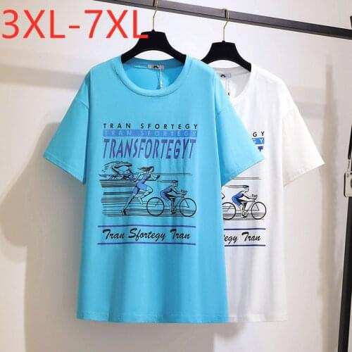 New 2021 Ladies Summer Plus Size Tops For Women Large Short Sleeve Loose Blue White Cotton Print T-shirt 3XL 4XL 5XL 6XL 7XL
