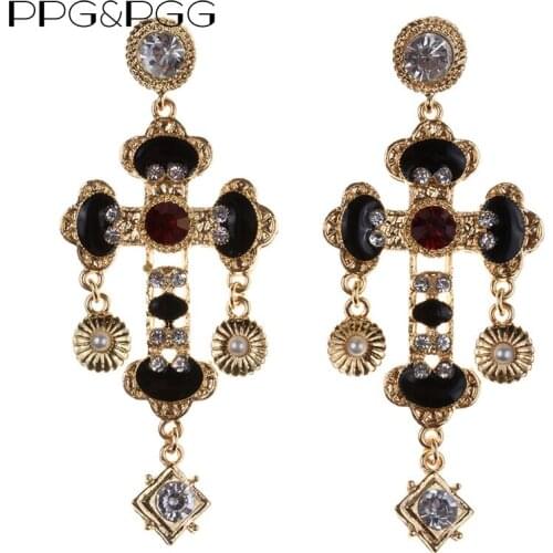 2020 New Vintage Elegant Big Cross Earrings Women Bohemian Gorgeous Baroque Drop Earrings Jewelry Female Black Long Earring