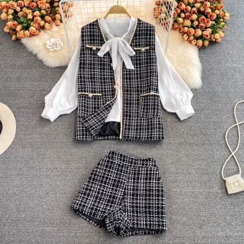 Bow Lace-Up Long Sleeve White Shirt+Small Fragrance Pearl Tweed Jacket+High Waist Short Pants Women Casual Three-piece Suit
