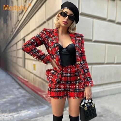 Free Shipping High Quality Tweed 2 Piece WomenS Suit Slim Fit Blazer & High Waist Double Breasted Shorts Suit 2020 Winter Fashi