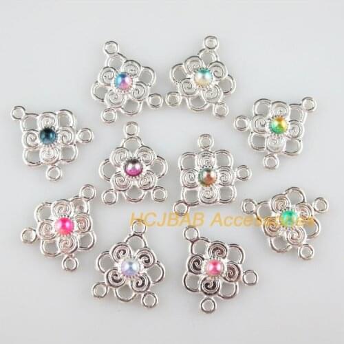 20 New Heart Charms Mixed Acrylic Flower Connectors Silver Plated 17x20mm